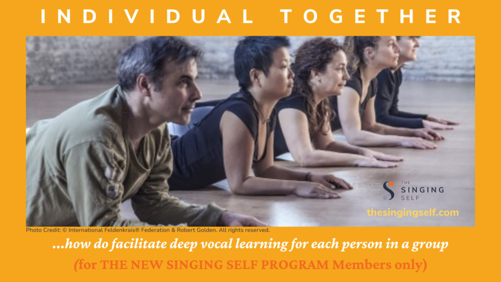A photo of a focused group class, used for a workshop banner about facilitating deep vocal learning in groups, titled 'Individual Together'.