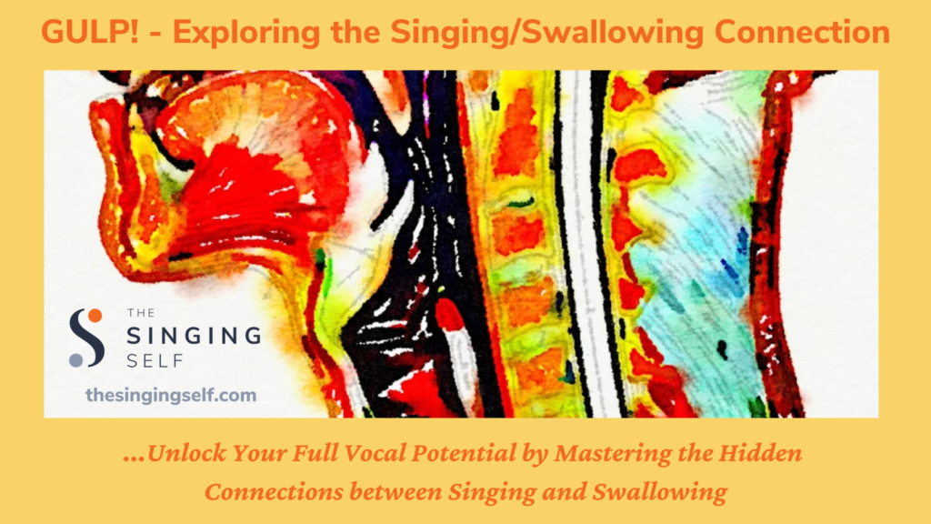 An artistic illustration of the human throat for a workshop banner exploring the connections between singing and swallowing, called 'GULP!'.